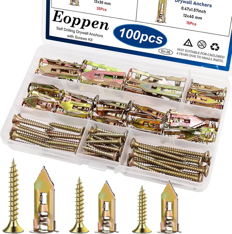 Eoppen 100Pcs Self Drilling Drywall Anchors with Screws Kit, 2 Sizes Sheetrock Anchors & 3 Sizes Expansion Screws, Zinc Plated Steel Drywall Anchors No Drilling Required Holds Up to 66lbs - Image 1